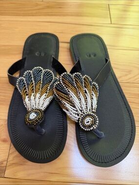 Brand New Hand Beaded Black Women's Toe-Post Sandals (from Tanzania)